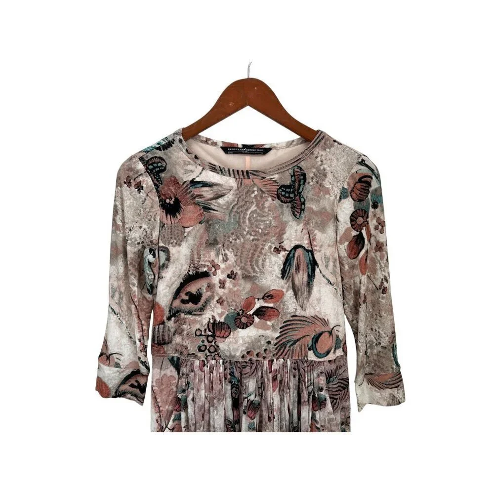 Peruvian Connection Floral Print Dress Long Sleeve Pleated Lined Bodice & 3/4 S